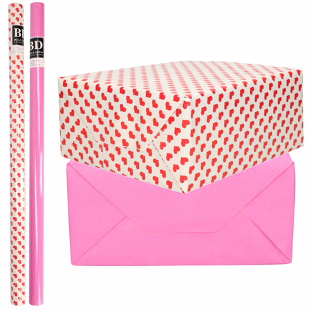 4x Rolls kraft wrapping paper red hearts pack - pink 200 x 70 cm