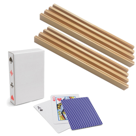 4x Speelkaarten houders hout 26 cm inclusief 54 speelkaarten blauw