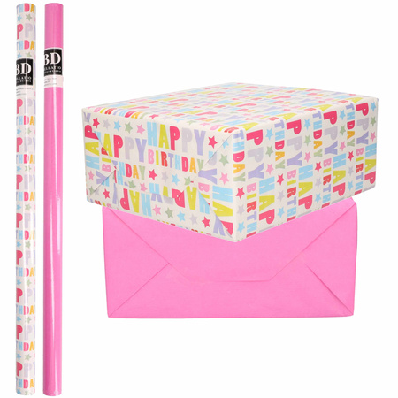 6x Rollen kraft inpakpapier happy birthday pakket - roze 200 x 70 cm