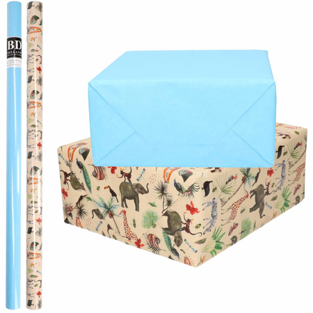 6x Rolls kraft wrapping paper jungle/wilderness pack - blue/animal design 200 x 70 cm