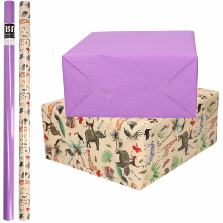 6x Rolls kraft wrapping paper jungle/wilderness pack - purple/animal design 200 x 70 cm