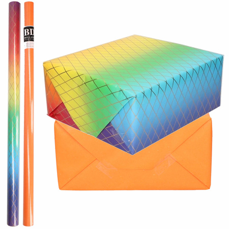 6x Rollen kraft inpakpapier regenboog pakket - oranje 200 x 70 cm