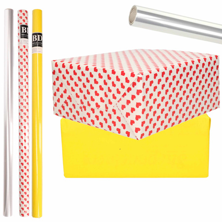 6x Rolls kraft wrapping paper transparant foil/hearts pack - yellow/red heart design 200 x 70 cm