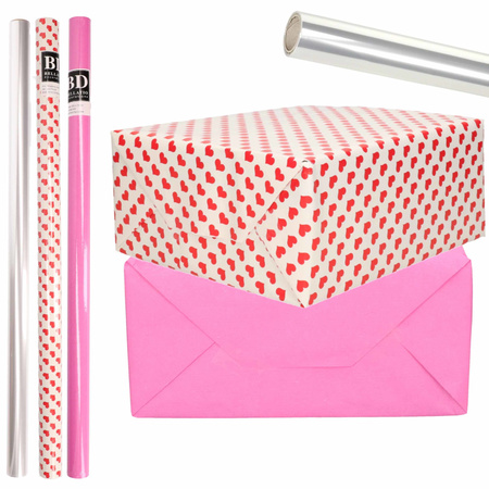6x Rollen kraft inpakpapier transparante folie/hartjes pakket - roze/harten design 200 x 70 cm