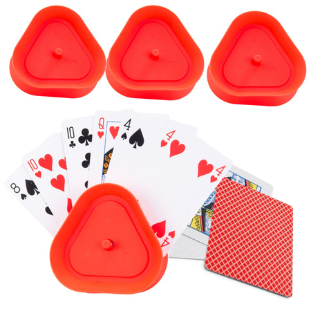 6x Speelkaartenhouders kunststof 8,6 cm inclusief 54 speelkaarten rood