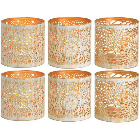 6x Metal tealights/candle holders set white/gold 11 cm