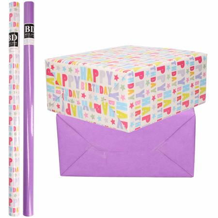 8x Rolls kraft wrapping paper happy birthday pack - purple print 200 x 70 cm