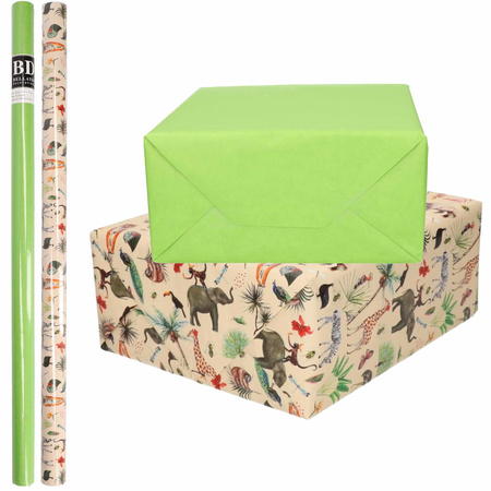 8x Rollen kraft inpakpapier jungle/oerwoud pakket - dieren/groen 200 x 70 cm