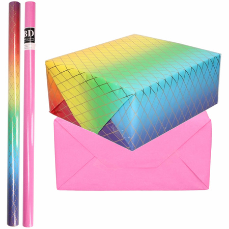 8x Rollen kraft inpakpapier regenboog pakket - roze 200 x 70 cm