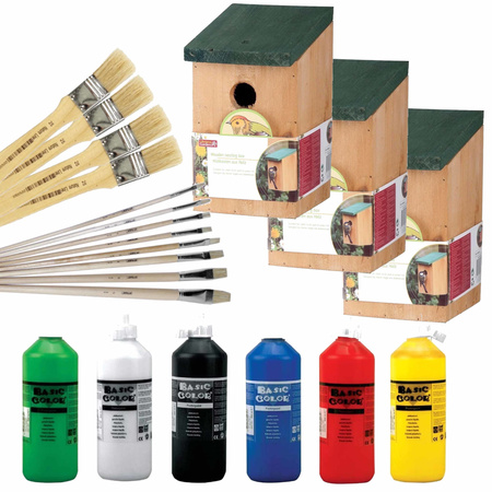 8x Wooden birdhouses 22 cm with paint and brushes