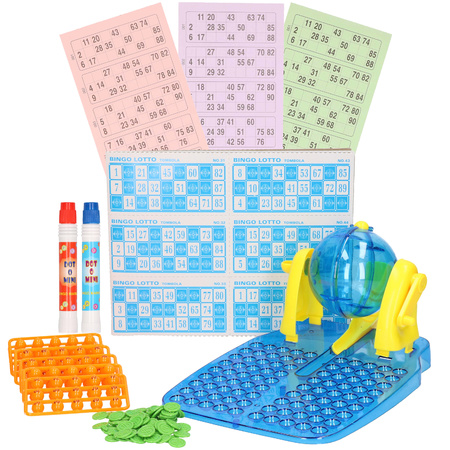 Bingo game blue/yellow complete set numbers 1-90 with wheel/148x cards/2x markers