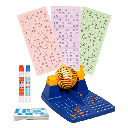 Bingo game blue/yellow/orange complete set numbers 1-90 with wheel/148x cards/2x markers