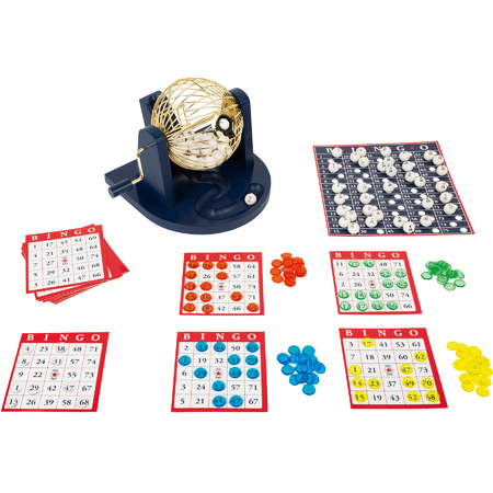 Bingo game blue/gold/white complete set 21 cm numbers 1-75 with wheel/drum and cards