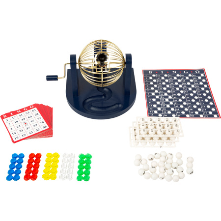 Bingo spel blauw/goud/wit complete set 21 cm nummers 1-75 met molen en bingokaarten