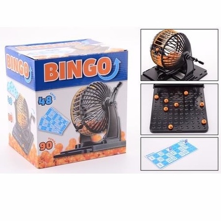 Bingo spel zwart/oranje complete set nummers 1-90 met molen/148x bingokaarten/2x stiften