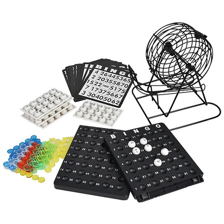 Bingo game black/white complete set 21 cm numbers 1-90 with wheel/drum and cards
