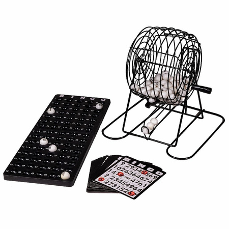 Bingo spel zwart/wit complete set 29 cm nummers 1-75 met molen en bingokaarten
