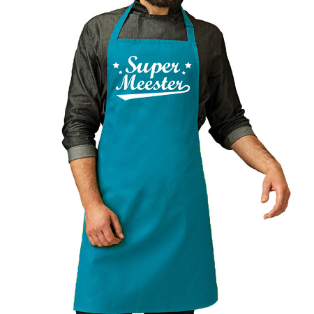 Cadeau schort voor heren - Super meester - blauw - keukenschort - barbecue - dag van de leraar