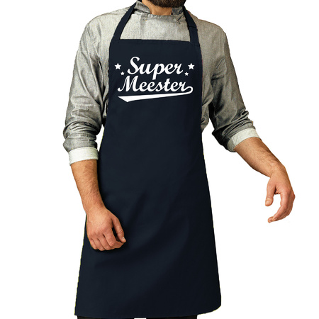 Cadeau schort voor heren - Super meester - navy blauw - keukenschort - barbecue - dag van de leraar