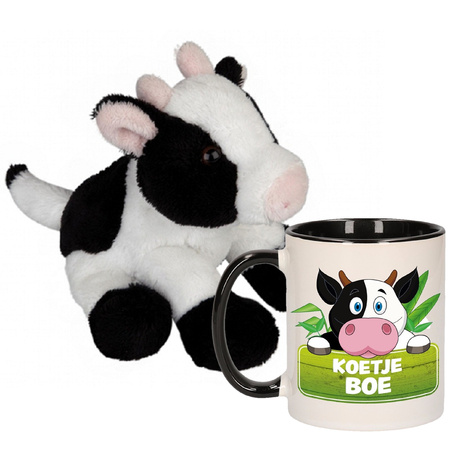 Gift set for kids - Cow soft toy 15 cm and drink mug cow print