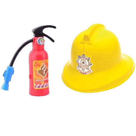 Carnival costume fire brigade helmet - yellow - and toy fire extinguisher - can spray water
