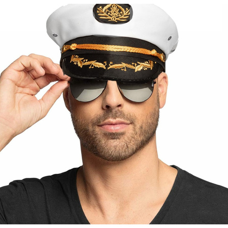 Carnaval ship captain hat in size 57 cm - with dark sunglasses - white - for men/woman