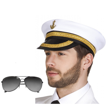 Carnaval verkleed Kapiteinpet - met spiegel zonnebril - wit - heren/dames - hoofdmaat 60 cm