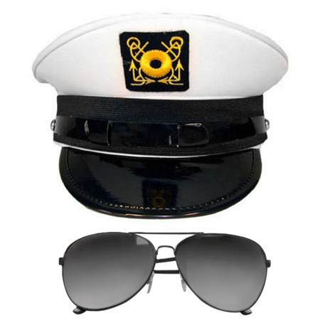 Carnaval ship luxery captain hat - with mirror sunglasses - white - for men/woman
