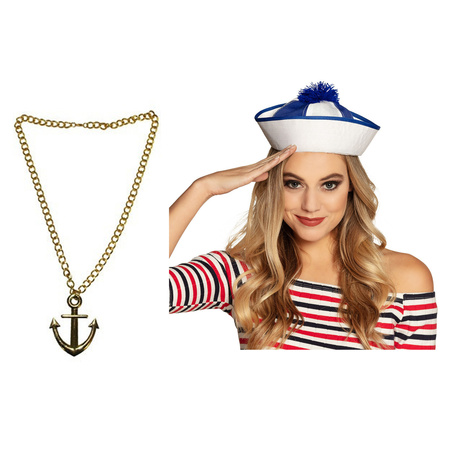 Carnaval ship sailor hat - with anchor necklace - white - for adults