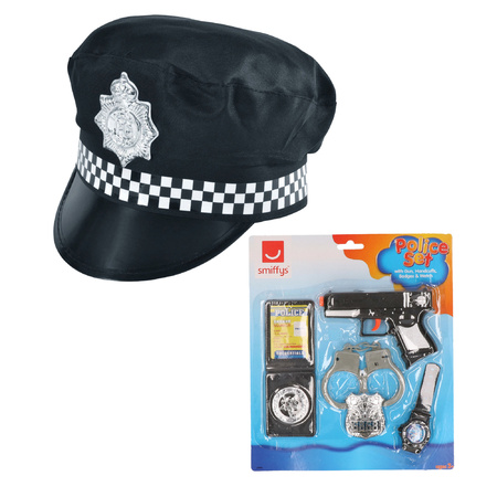 Carnival costume police officer set - cap black - gun/badge/handcuffs set
