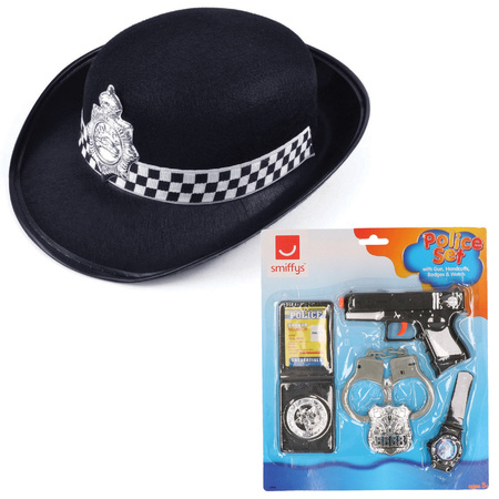 Carnival costume police officer set - cap/cap black - gun/badge/handcuffs set