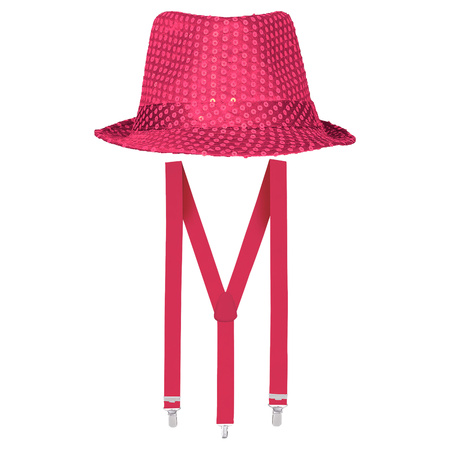 Toppers in concert - Carnaval verkleed set - hoedje en bretels - fuchsia roze - volwassenen