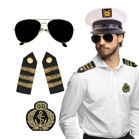 Carnaval verkleed set - luxe kapiteinspet - wit - met epauletten/badge/zonnebril - heren/dames