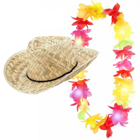 Toppers - Carnaval set - Tropical Hawaii party - beach straw hat - and multi colour LED flowers guirlande