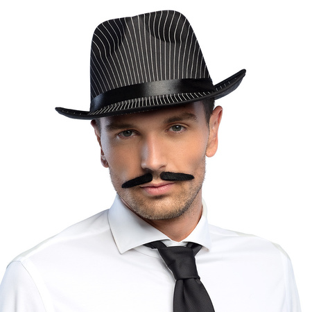 Gangster/Maffia carnaval set - hat in black - and small moustache/fat sigar
