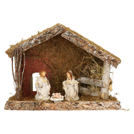 Complete kerststal met 3x st kerststal beelden - 32 x 17 x 25 cm - hout/polyresin