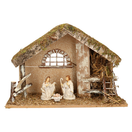 Complete kerststal met 3x st kerststal beelden - 42 x 19 x 30 cm - hout/polyresin