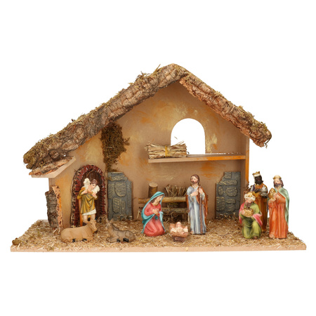 Complete kerststal met 9x st kerststal beelden - 50 x 23 x 31 cm - hout/polyresin