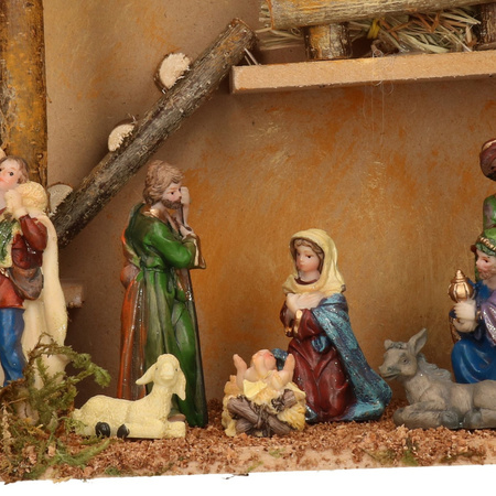 Complete kerststal met kerststal beelden - 39 x 19 x 28 cm - hout/mos/polyresin