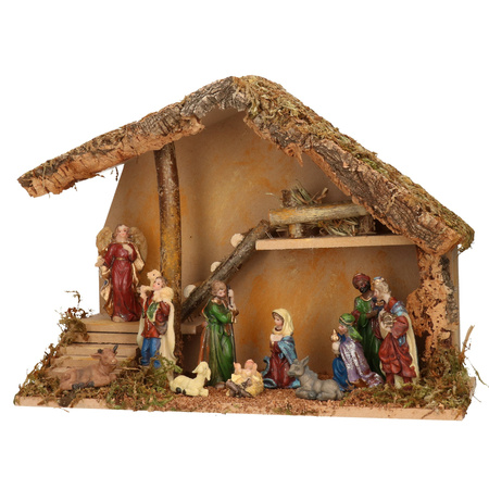 Complete kerststal met kerststal beelden - 39 x 19 x 28 cm - hout/mos/polyresin