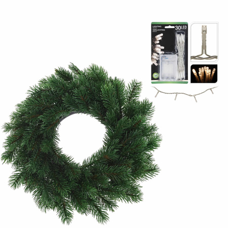 Christmas pine wreath 35 cm including warm white christmas lights
