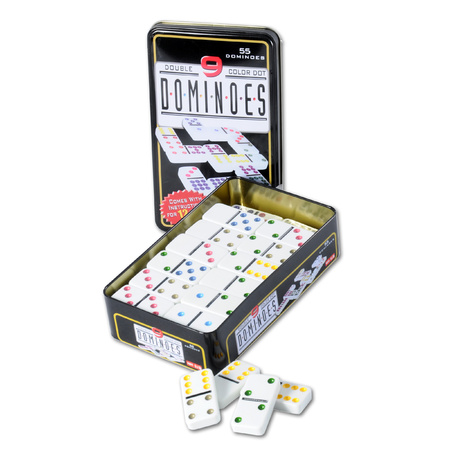 Domino game double 9 in tin can with 55x stones