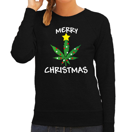 Funny humor Christmas sweater weed black for women