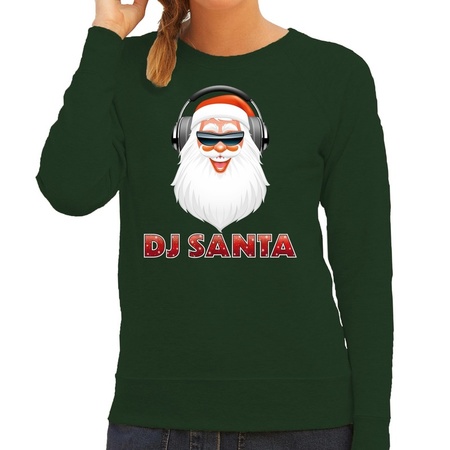 Christmas sweater green DJ Santa with headphones for women