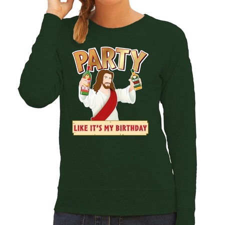 Foute kersttrui / sweater Party like its my birthday groen dames