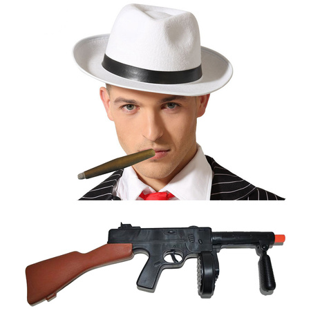 Gangster/maffia/roaring Twenties verkleed set - gleufhoed wit - met dikke sigaar en machinegeweer