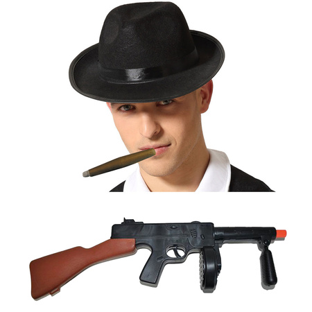 Gangster/maffia carnaval set - hat in black - a fat sigar - machinegun 50 cm