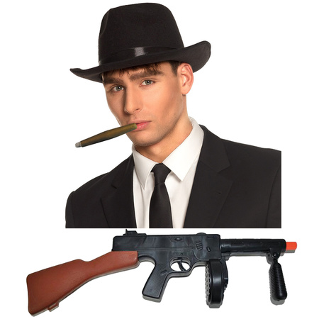 Gangster/maffia/roaring Twenties verkleed set - gleufhoed zwart - met dikke sigaar en machinegeweer
