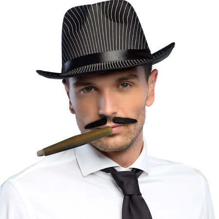 Gangster/Maffia/Roaring Twenties verkleed set - gleufhoed zwart - met dun snorretje - Dikke sigaar