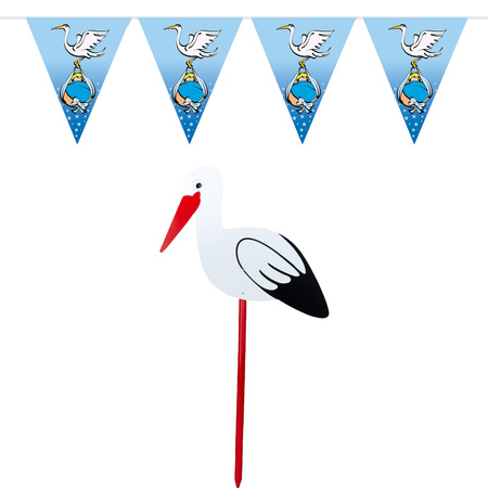 Baby birth decoration - stork for the garden - 100 cm - bunting - 10 meter